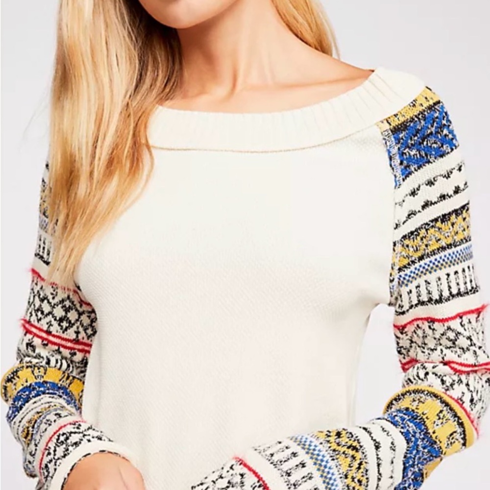 Women's Cream Sweater Fairground Thermal Top Fair Isle Sleeves Small